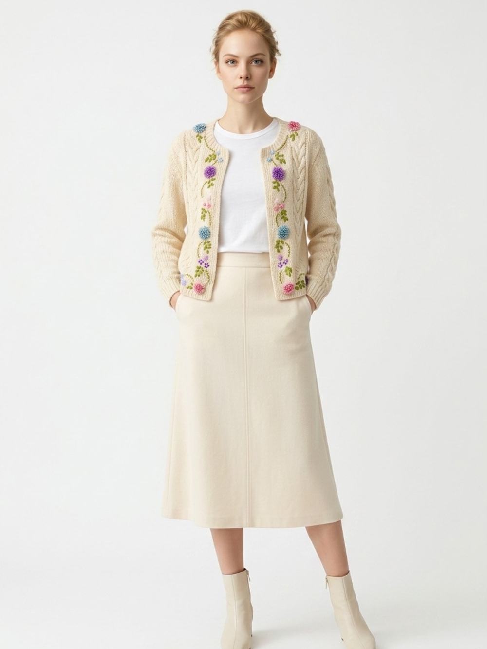 Vintage Cream Cardigan with Multicolor Floral Embroidery